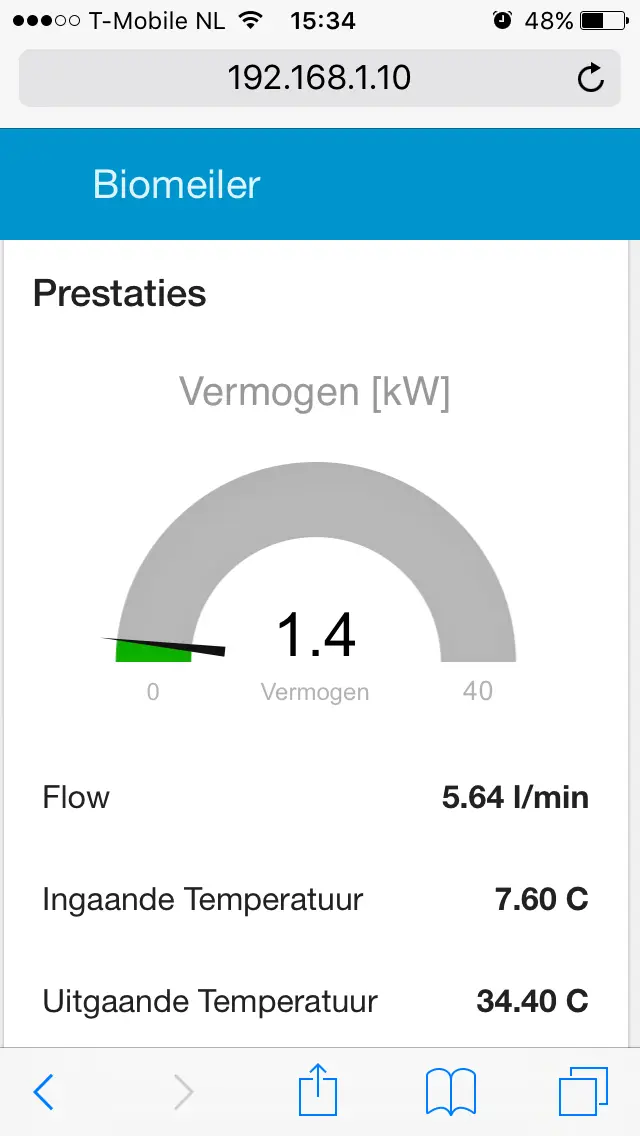 Schermafbeelding van biomeiler-app met temperatuur en debiet