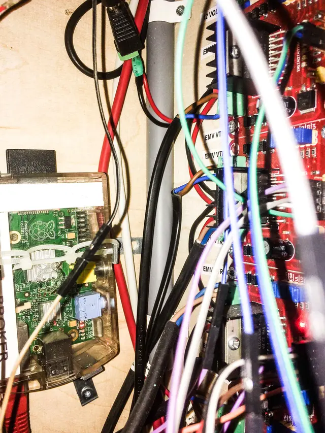 Raspberry Pi bekabeld tussen sturingsmodules in kast