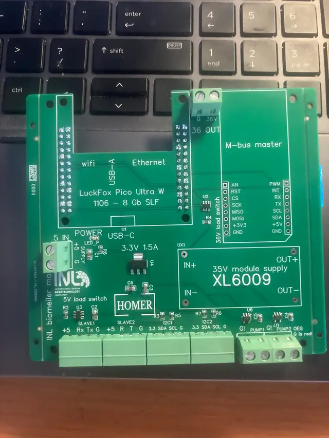 Printplaat met LuckFox-controller en M-bus voor de biomeiler