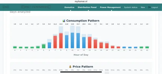 myhomer.nl-dashboard met verbruikspatroon per uur