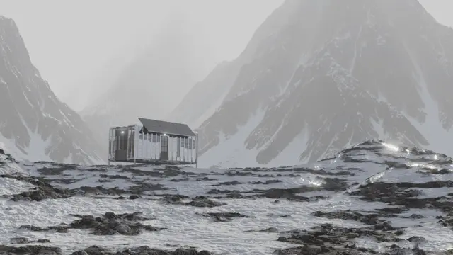 Render van de wooneenheid in besneeuwd berglandschap
