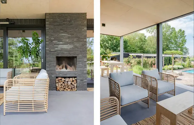 Buitenhaard met houtopslag en loungeterras met zwembad