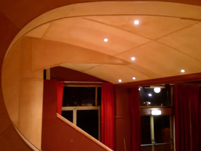 Gewelfd houten plafond met spotjes en rode gordijnen