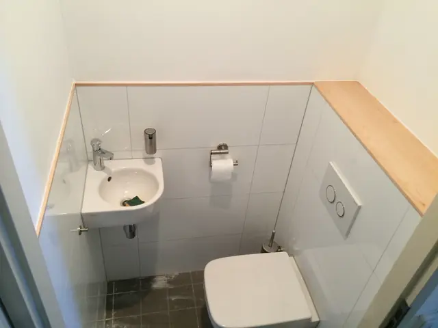 Zwevend toilet en wastafel in betegelde badkamer, bovenaanzicht